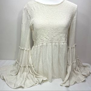 American Eagle AEO Bohemian Bell Sleeve Cream Long Sleeve Flowy Blouse